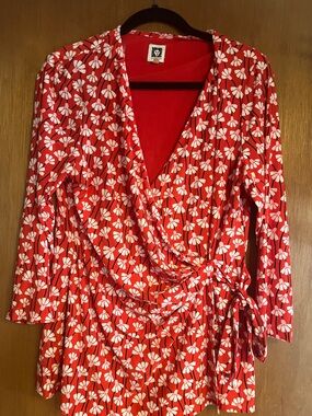 Anne Klein Red Floral Wrap Blouse with White Blossom Print